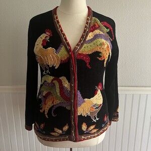 Vintage Chicken Rooster Cardigan Sweater Beads Chenille Knit Black Multicolor XL